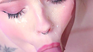 Triple Blowjob and Cum Shower - Massive Cumshot, Big Dildo and Deepthroat