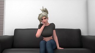Busty Mercy from Overwatch got facial after wild fuck during casting