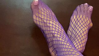 Really Sexy Legs with Tiny Feet with Long Toes in Purple Fishnet Stocking