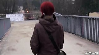 Czech red haired is paid money to demonstrate and suck dick in public