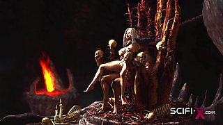 A horny hottie gets fucked by a male alien in the fire cave