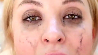 Petite blonde Sandra Luberc POV deepthroat blowjob and cum swallow