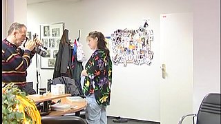 Pregnant brunette blowing old pals dick