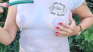 Whore Wife Taking a Hose Shower