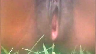 My slut masturbating and pee in the bush, she got fat pussy