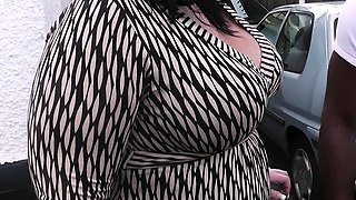 BBW in fishnets swallows black cock at work