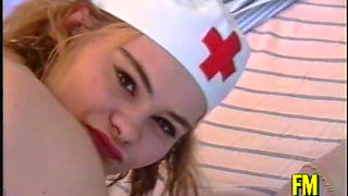 Dirty and sexy nurse in white stockings takes care of a horny patient