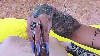 Handjob Edging with Long Nails Torment Orgasm in Mouth