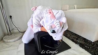 Cute Amateur MILF in Unicorn Costume with Her Sybian Sexmachine - Two Huge Orgasms