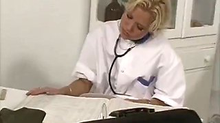 blond nurse used  by two cocks