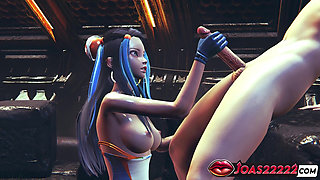 Nessa 3D Hentai Animation - Busty Girl in Sexy Bodysuit and Blue Latex Gloves Delivers Fetish Handjob Service Cumshot