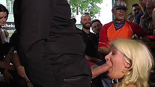 Public BDSM sluts fucked in pussy and mouth in front voyeurs