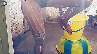 Outdoor Bathing My Pregnant Girlfriend in Dirty Environment