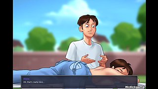 Summertime Saga Hot Bitch Jerks Him Out in His Pants in the Hot Sun