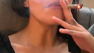 Busty curly brunette with big boobs fucks on couch