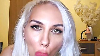 POV : Babysitter with a sexy face gives a blowjob, sucks his balls  and gets cum in her mouth