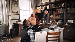Naughty and inmpudent schoolgirl domiantes her teacher and pegs his ass with a strap on