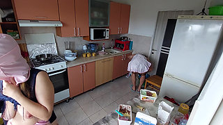 Hot amateur couple having fun in the kitchen. Sexy mom has breakfast in the bedroom, hairy, big, big ass