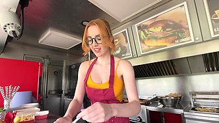 Redhead Scarlett Jones with big boobs gets fucked in the kitchen