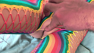 I let my stepbrother admire my body, he follows the outline of my virgin pussy and masturbates it