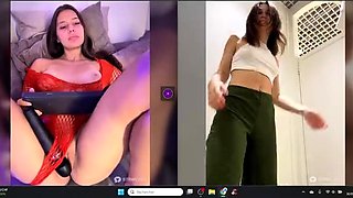 Small titted brunette Sharron with glasses masturbates