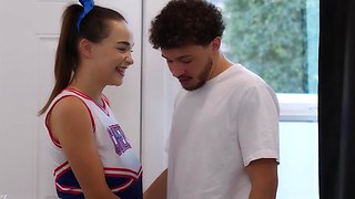 Steamy cheerrlerader chick with big tits gives a great head and then she gets nailed by a young stallion