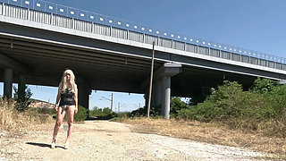 Slave Tih Shows Her Pussy and Tits Under the Bridge