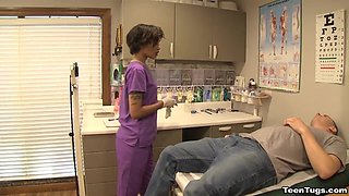 I got lucky with this hot ebony nurse! She gave me a handjob instead of my checkup