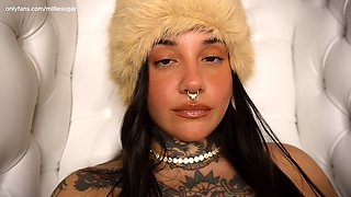 Curvy tattooed Latina Millie Sugarx loves a small dick and practices some serious femdom
