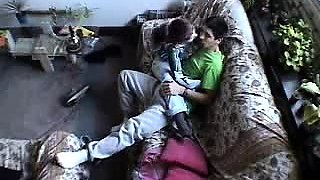 Petite young amateur has fun with her boyfriend on the sofa
