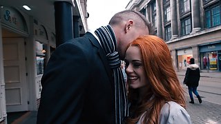 Redhead Ella Hughes enjoys while giving her man a nice blowjob