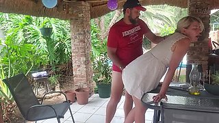 Hot Amateur Wife Fucks Neighbor on Patio - Doggy Style Creampie