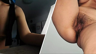 Sexy brunette  with moans. hairy pussy with moans.