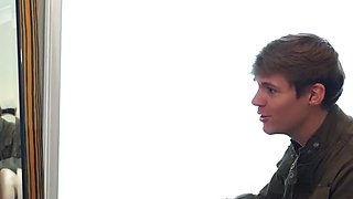Skinny pretty faced teen goes down on his first cock