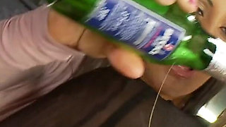 Hot MILFs in lingerie touch each other after pouring brew all over their odies