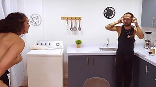 Sexy brunette slut with big ass has an intense kitchen threesome sex with two guys with big cocks