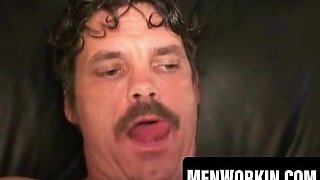 Perverted mature stud plays with large trouser snake till spunk