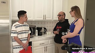 Beautiful teacher Ophelia Kaan gives a good blowjob and then has sex.