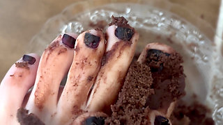 Destroying chocolate cake with my feet