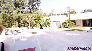 Dressed red haired takes cum