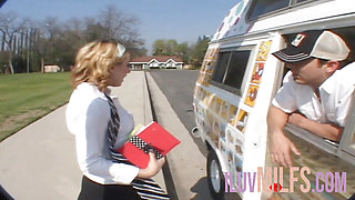 Blonde teen with small tits is fucked in a van