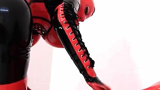 Busty amateur milf wears latex uniform and high heels