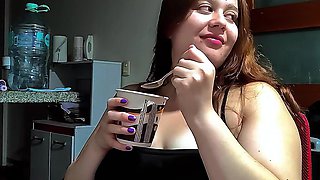 Hot Chubby Woman Filling Her Round Belly with Some Sweets