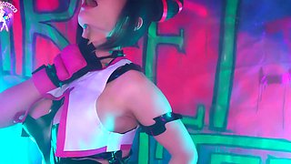 Hot Juri Han tries big monster dildo in her anal hole