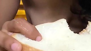 My Naughty Stepsister Handjobs My Big Cock and Eats Cumshot with Bread