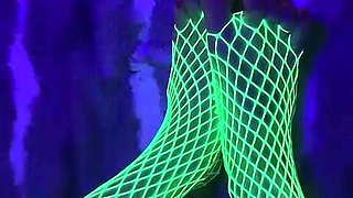 Tiny Asian Feet with Long Toes in Green Neon Fishnet