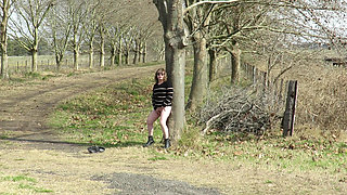 Walking on an ass through the countryside. Mature shy amateur blonde strips naked.