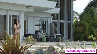 Sexy busty teen brunette Annika Eve swim in the pool naked and suck cock outside
