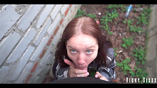 Real Fast Risky Blowjob Behind the Garages. Cummed Mouth Full and Made Her Swallow