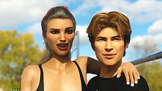 Steamy animated threesome adventure featuring Misskitty2k in a business suit and swimsuit